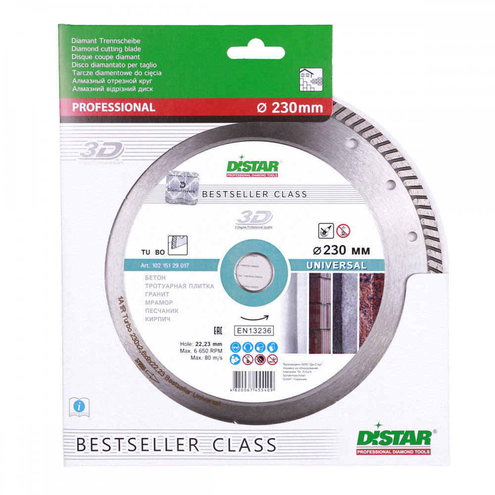 Disc Diamantat Distar 1A1R Turbo Bestseller Universal 230 x 2,6 x 9 x 22,23 mm - Beton și Ceramică