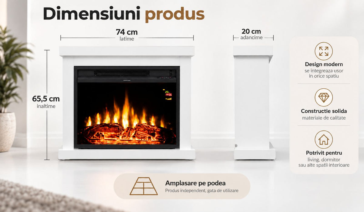 Semineu electric de sine stătător, max. 2000 W, efect de flacără LED, 2 trepte, cu ventilator, telecomandă