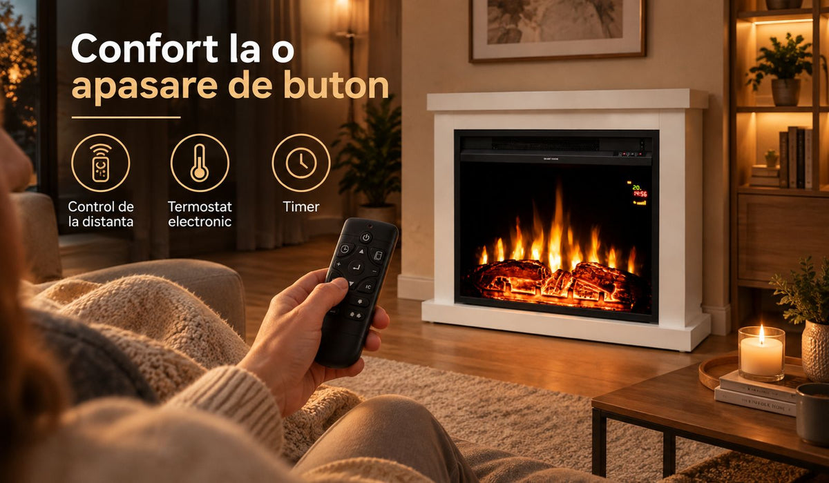 Semineu electric de sine stătător, max. 2000 W, efect de flacără LED, 2 trepte, cu ventilator, telecomandă