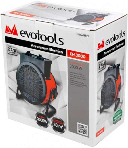 Aerotermă Electrică EvoTools cu Rezistență Ceramică - 2000 W, 230-240 V, Flux Aer 194 m3