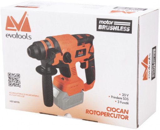 Ciocan Rotopercutor Brushless EvoTools 20 V - 1,7 J, 1400 rot/min, SDS, fără Acumulator
