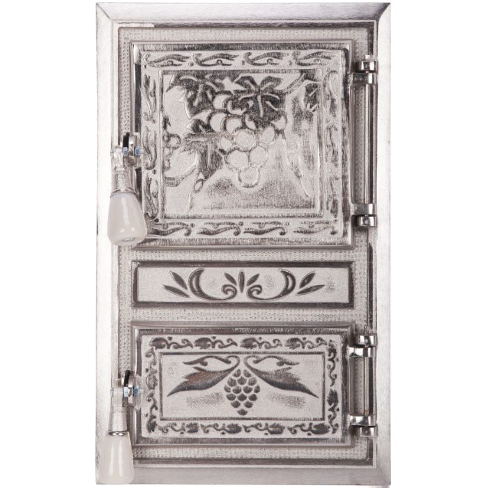 Ușă de Sobă din Fontă Monobloc EvoTools 660317 - 475 x 295 mm, Model Struguri, Nichelată