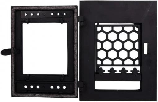 Ușă Șemineu cu Geam Model Fagure 360 x 480 mm - Fixare cu Cleme, Grătar Inclus, Fontă