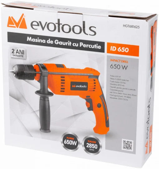 Bormașină cu Percuție EvoTools ID650A - 650 W, 2850 rot/min, Găurire Beton 16 mm și Lemn 40 mm