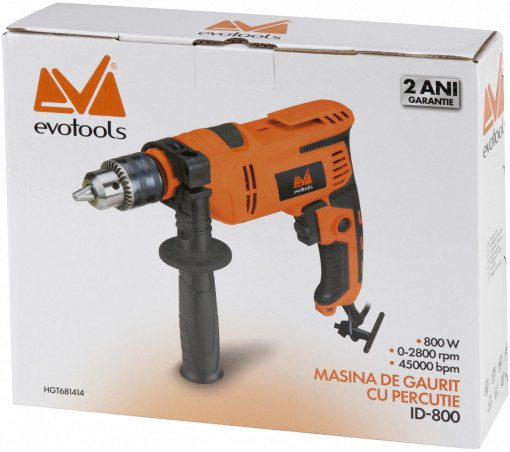 Bormașină cu Percuție EvoTools ID800A - 800 W, 2800 rot/min, Găurire Beton 13 mm și Lemn 25 mm