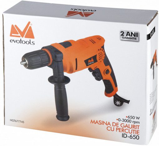 Bormașină cu Percuție EvoTools ID650 - 650 W, 3000 rot/min, Găurire Beton 13 mm și Lemn 20 mm