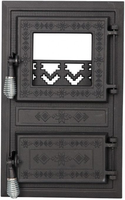 Ușă Sobă Monobloc cu Geam Motive Românești 295 x 475 mm - Fontă, Fixare cu Cleme
