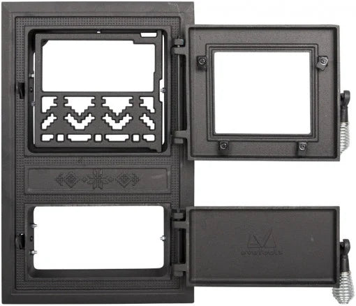 Ușă Sobă Monobloc cu Geam Motive Românești 295 x 475 mm - Fontă, Fixare cu Cleme