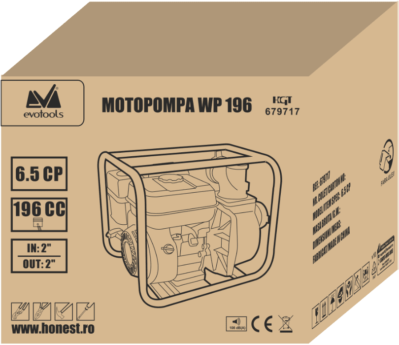 Motopompă pe Benzină EvoTools WP196 - 2", 6,5 CP, 4 Timpi, 500 l/min, Refulare 31 m, 5 h