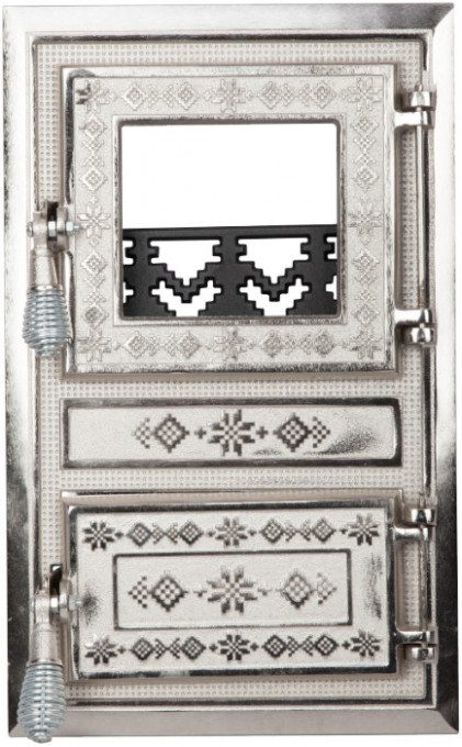 Ușă Sobă Monobloc cu Geam Motive Românești Nichelată 295 x 475 mm - Fixare cu Cleme, Fontă
