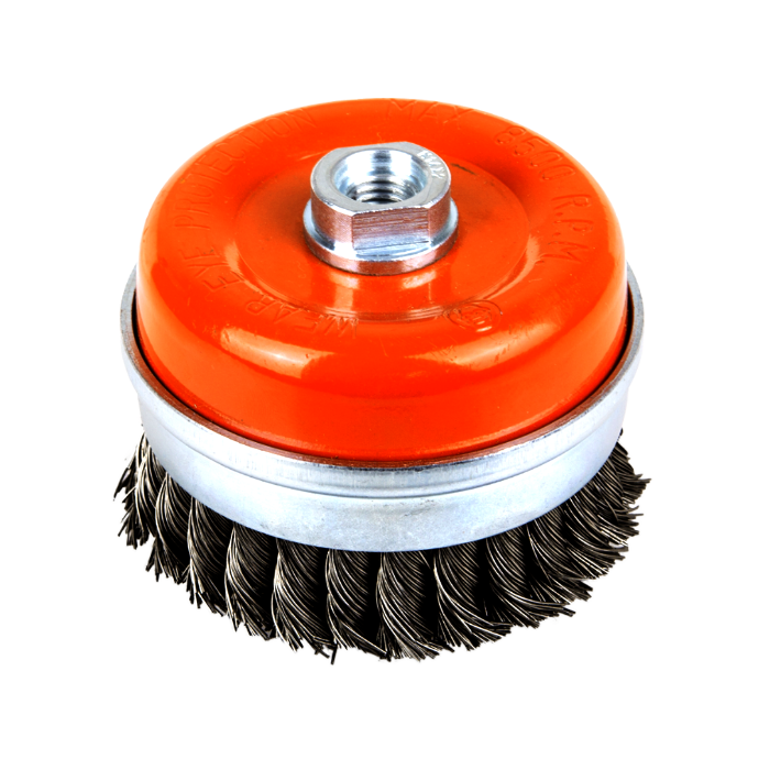 Perie Cupă Toroane Inox EvoTools Ø 100 mm - Filet M14, Sârmă 0,3 mm, Curățare Rugină și Vopsea