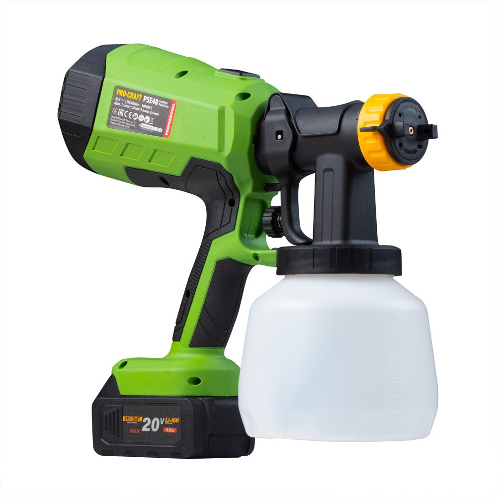Pistol de vopsit pe acumulator PROCRAFT PSE40, 20 V, Brushless, debit vopsea 750 ml/min, 4 duze