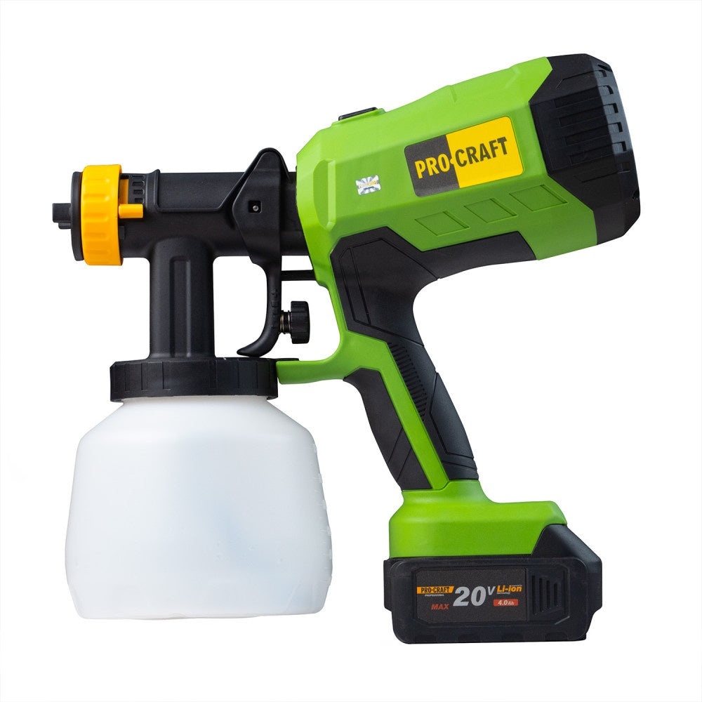 Pistol de vopsit pe acumulator PROCRAFT PSE40, 20 V, Brushless, debit vopsea 750 ml/min, 4 duze