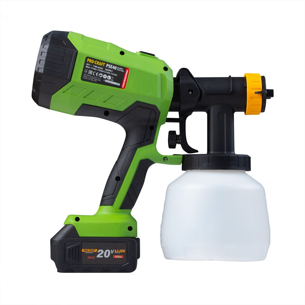Pistol de vopsit pe acumulator PROCRAFT PSE40, 20 V, Brushless, debit vopsea 750 ml/min, 4 duze