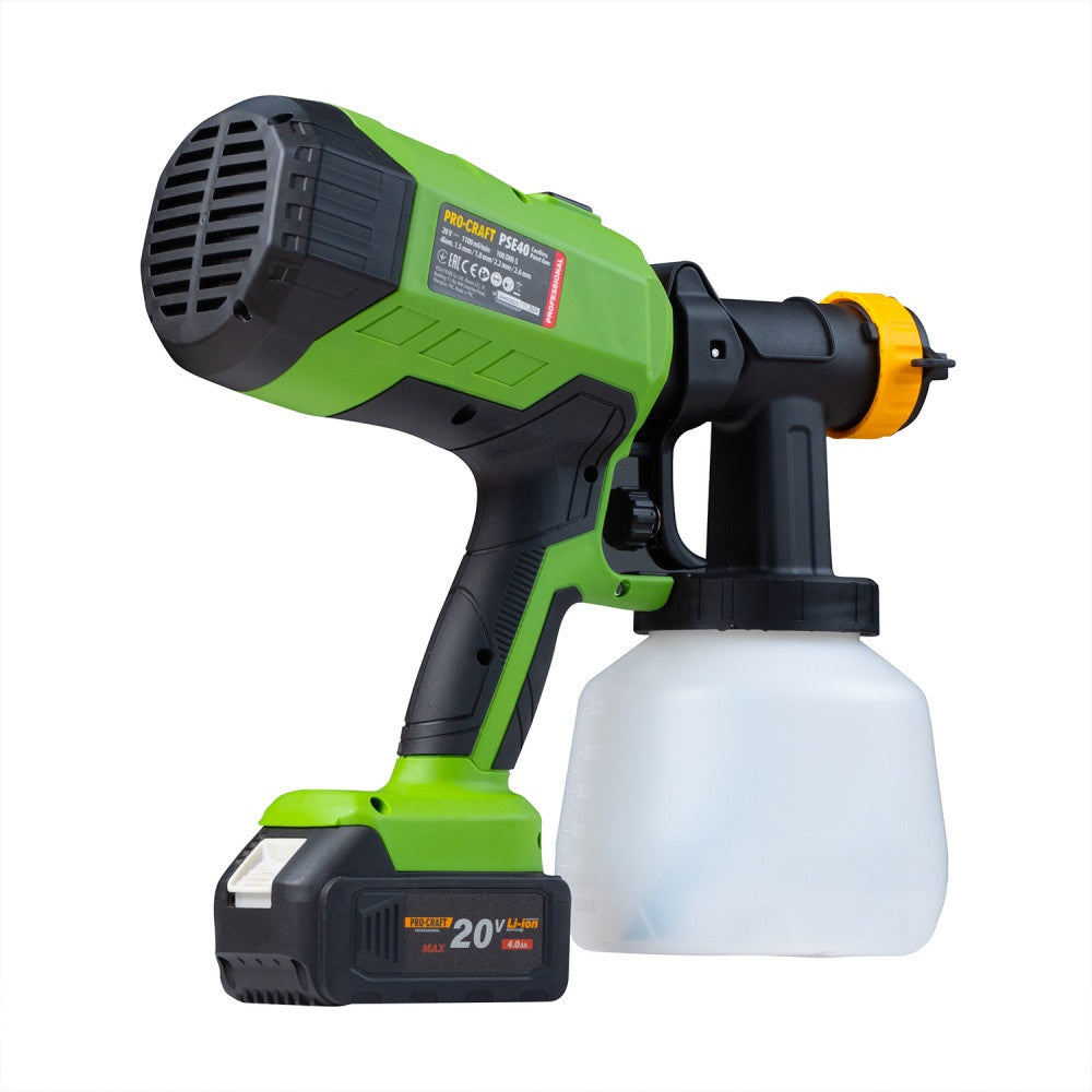 Pistol de vopsit pe acumulator PROCRAFT PSE40, 20 V, Brushless, debit vopsea 750 ml/min, 4 duze