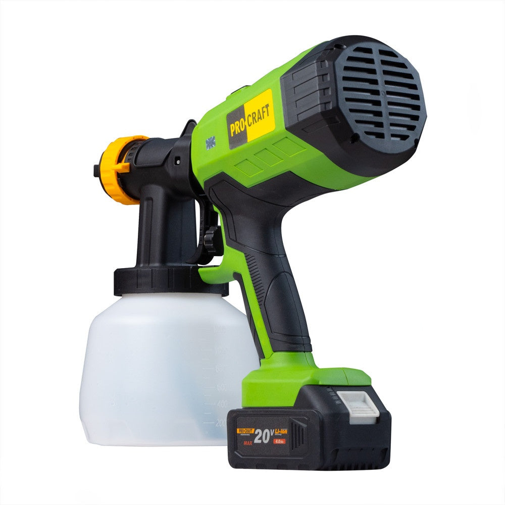 Pistol de vopsit pe acumulator PROCRAFT PSE40, 20 V, Brushless, debit vopsea 750 ml/min, 4 duze