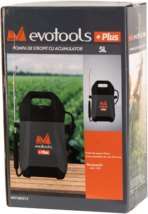 Pompă de Stropit cu Acumulator EvoTools 5 L - Li-Ion 3,7 V, Lance Telescopică, Garanție 3 Ani