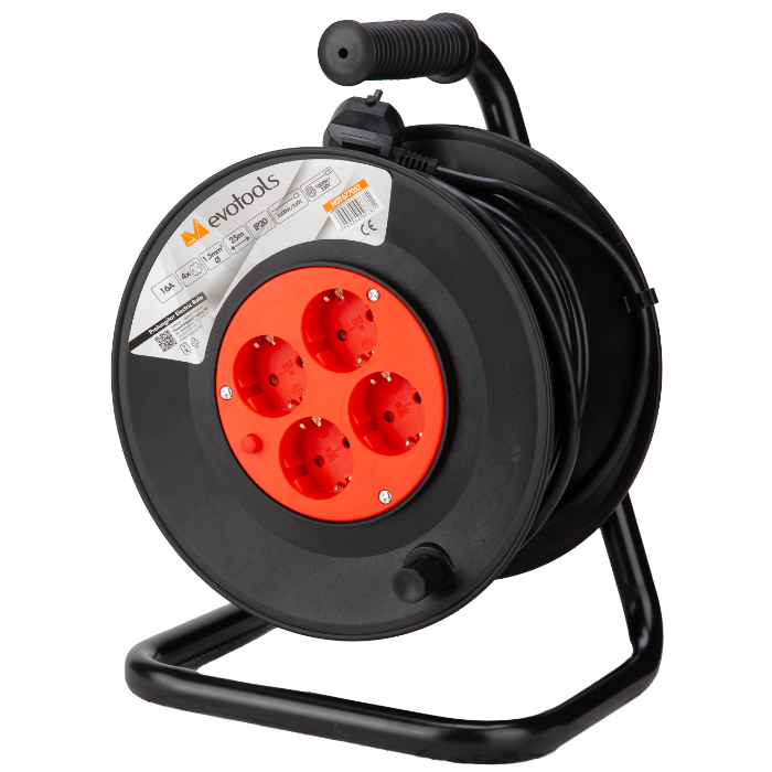 Prelungitor Electric pe Rolă EvoTools 15 m - Secțiune 1,0 mmp, Maxim 2500 W, Tambur ABS, Cadru Metalic