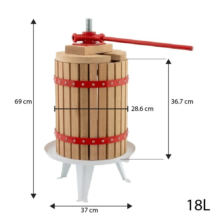 Presa manuala pentru fructe ROTOR FP-18, 18 L, cuva Ø28,6 cm, lemn masiv de stejar, fonta si otel