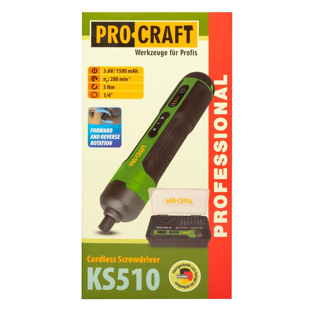 Surubelnita electrica cu acumulator PROCRAFT KS510, 3,6 V / 1,5 Ah, 5 Nm, USB Type-C, 28 biti si cutie de transport