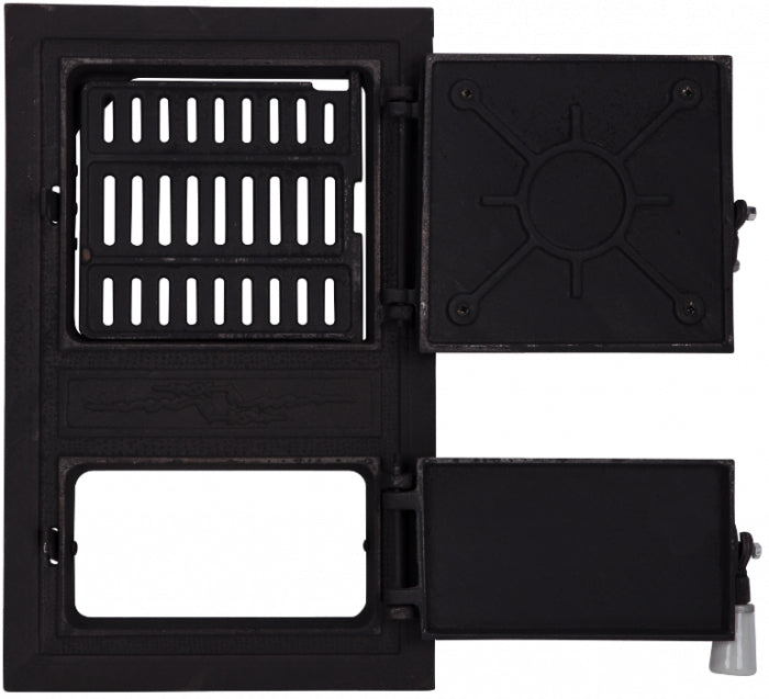 Ușă de Sobă Monobloc din Fontă - 475 x 295 mm, Prindere Platbandă, Dublură Interioară