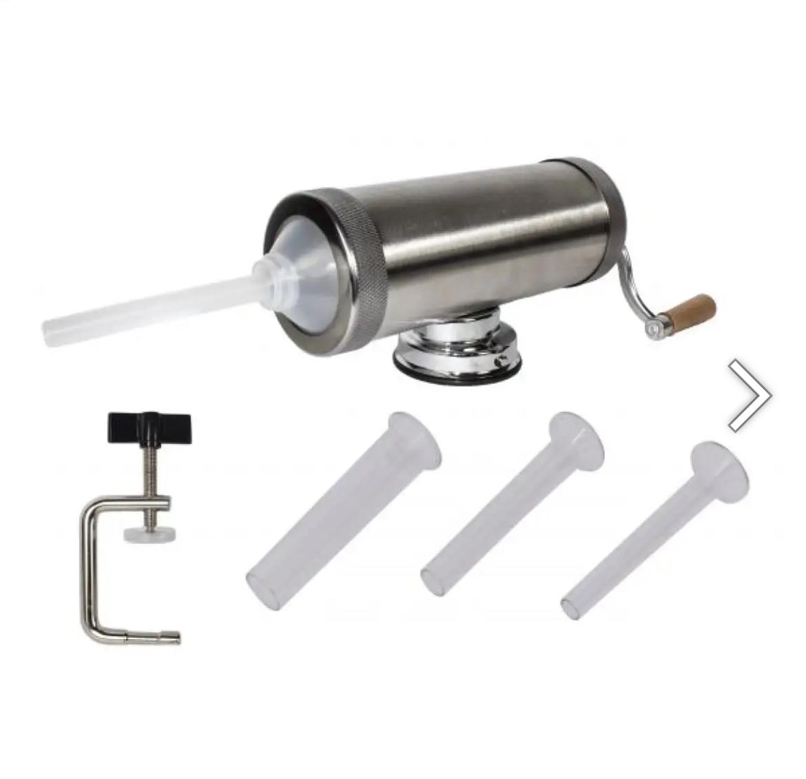 Mașină de Umplut Cârnați Orizontală Inox 2,5 kg - Tulumbă, 3 Pâlnii Incluse, Uz Casnic
