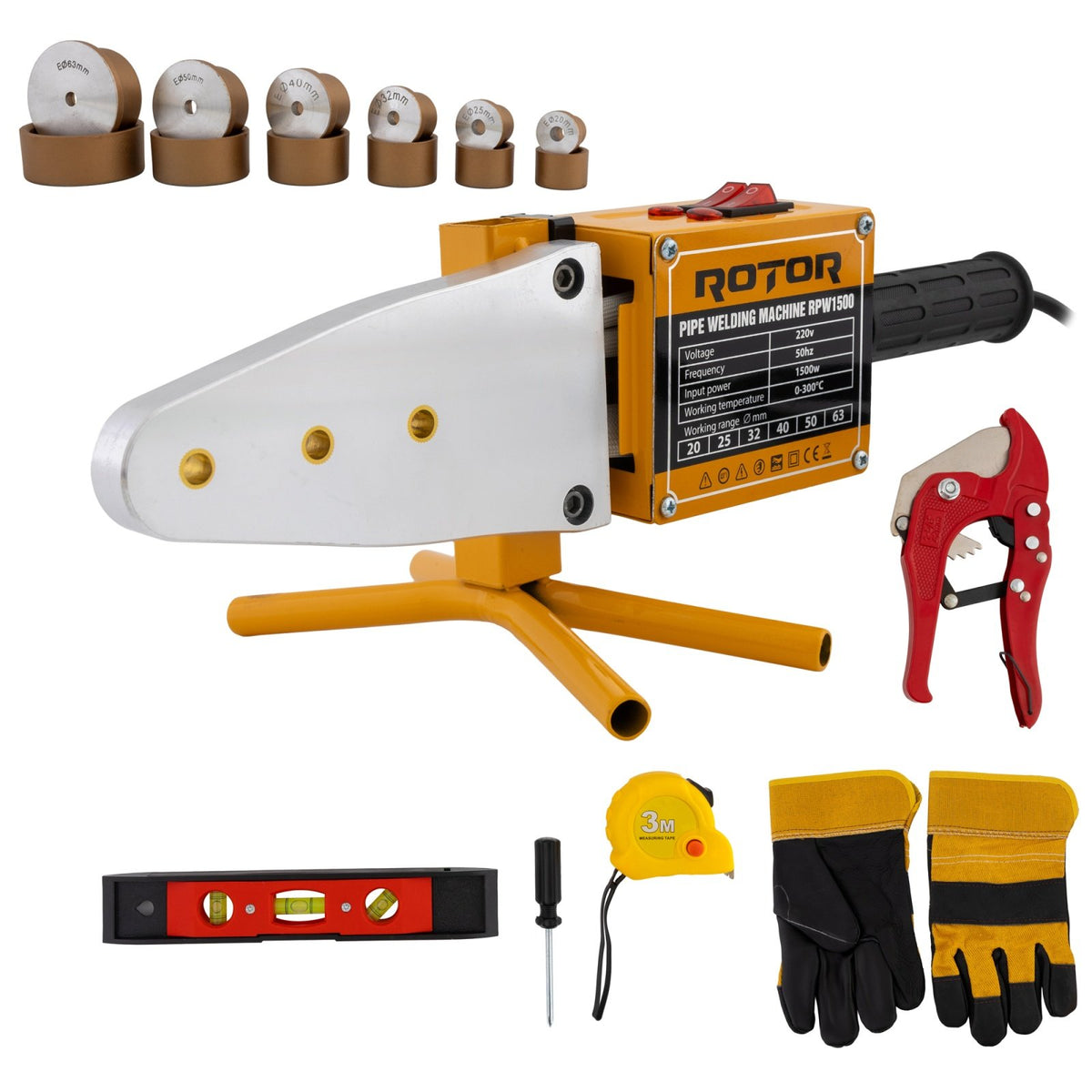 Plită Sudură Țevi PPR Rotor RPW1500 - 1500 W, 0-300 °C, 6 Bacuri 20,25,32,40,50,63 mm