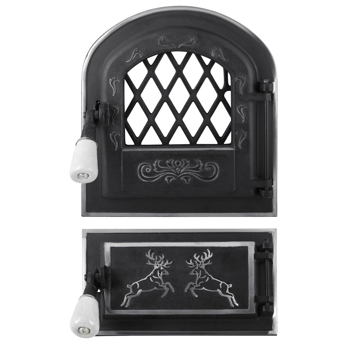Ușă de Sobă din Fontă cu Geam și Cenușar 275 x 255 mm - Model Cerbi, Sticlă Termorezistentă