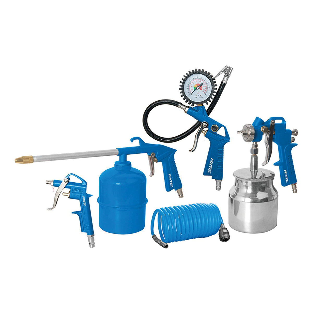 Set Pneumatic Fixtec 5 Piese - Pistol Vopsit, Suflat, Spălat, Umflat Pneuri, Furtun Spiralat