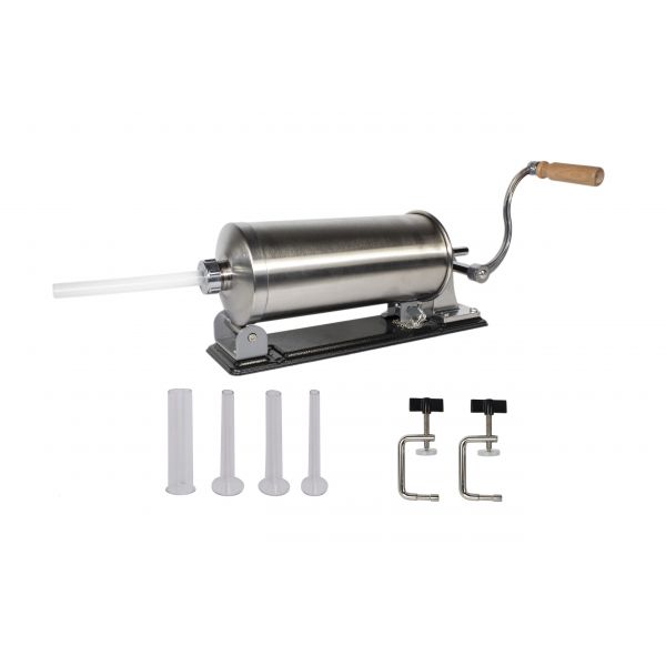 Mașină de Umplut Cârnați 3 kg - Inox Alimentar, Orizontală, Manivelă, 4 Pâlnii, Prindere pe Masă