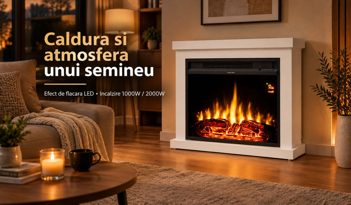 Semineu electric de sine stătător, max. 2000 W, efect de flacără LED, 2 trepte, cu ventilator, telecomandă
