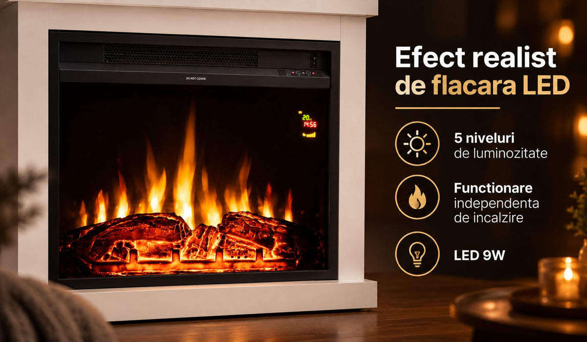 Semineu electric de sine stătător, max. 2000 W, efect de flacără LED, 2 trepte, cu ventilator, telecomandă