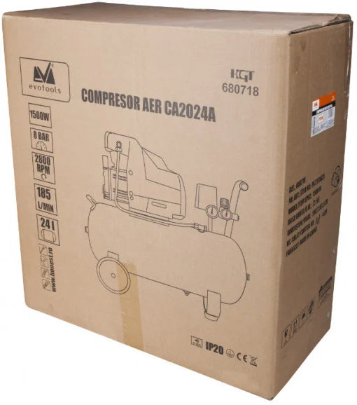 Compresor de Aer EvoTools CA2024A - 1500 W, 2 CP, Rezervor 24 L, 8 bar, 185 l/min, 2800 rot/min
