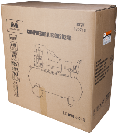 Compresor de Aer EvoTools CA2024A - 1500 W, 2 CP, Rezervor 24 L, 8 bar, 185 l/min, 2800 rot/min