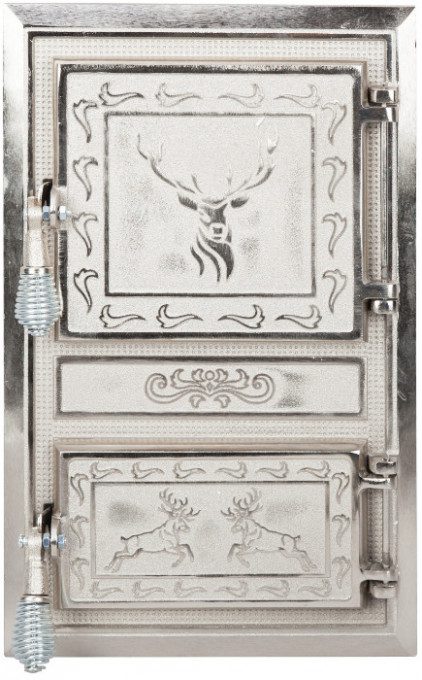 Ușă Sobă Monobloc Model Cerbi Nichelată 295 x 475 mm - Dublură și Grătar Incluse, Fontă