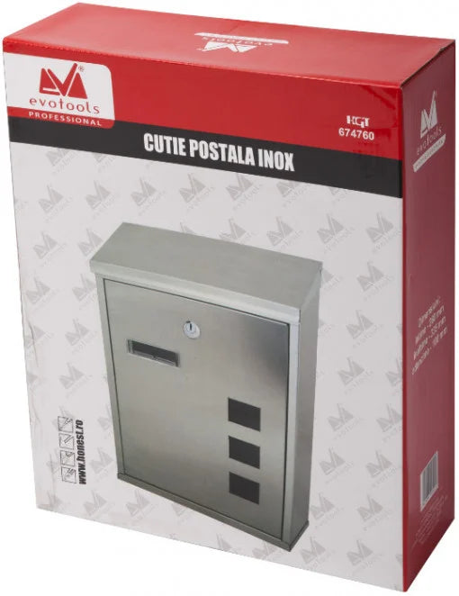 Cutie Poștală Inox 260 x 335 x 90 mm - Oțel Inoxidabil, Încuietoare, Fantă cu Capac, Exterior