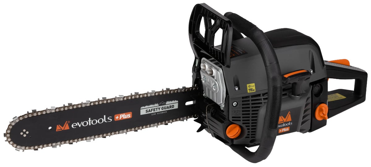 Drujbă pe Benzină EvoTools +Plus CS493 - 2,9 CP, Motor 2 Timpi, 2 Lanțuri Incluse, Tăiere Lemn