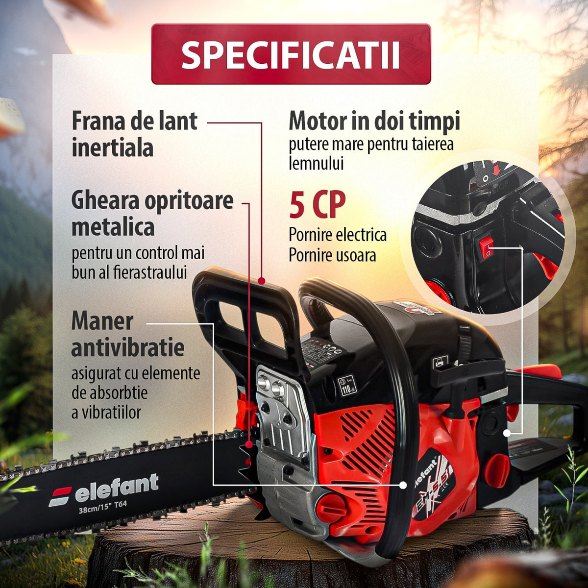 Drujba pe benzina ELEFANT EM-5.5, 10000 rot / min, 5,5 CP