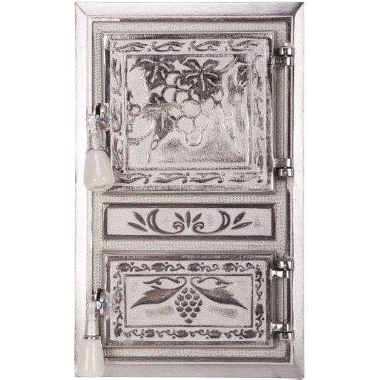 Ușă de Sobă din Fontă Monobloc EvoTools 660317 - 475 x 295 mm, Model Struguri, Nichelată