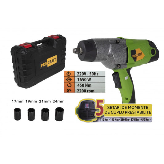 Cheie cu Impact Electrică ProCraft ES1650 - 1650 W, 2200 rot/min, Deșurubare Rapidă Piulițe