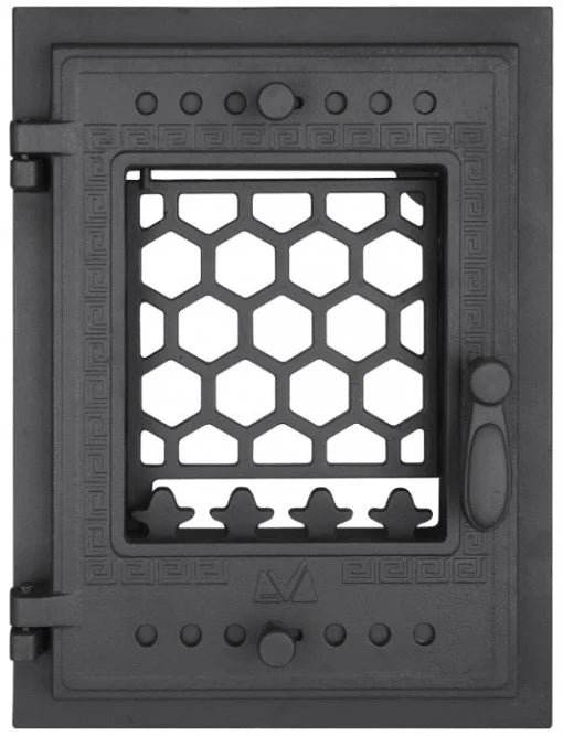 Ușă Șemineu cu Geam Model Fagure 360 x 480 mm - Fixare cu Cleme, Grătar Inclus, Fontă