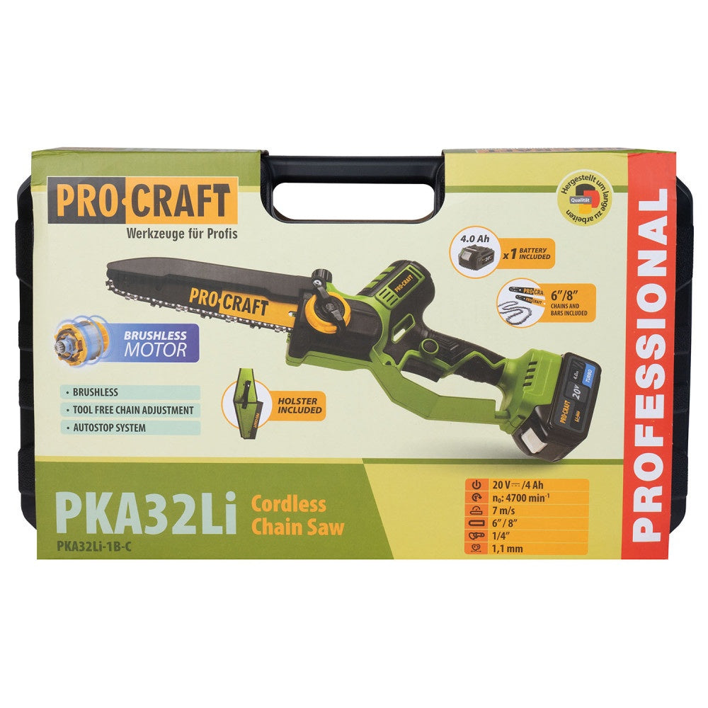 Fierastrau electric cu lant pe acumulator PROCRAFT PKA32Li, 20 V / 4 Ah, Brushless, lame 6" si 8", acumulator si incarcator incluse