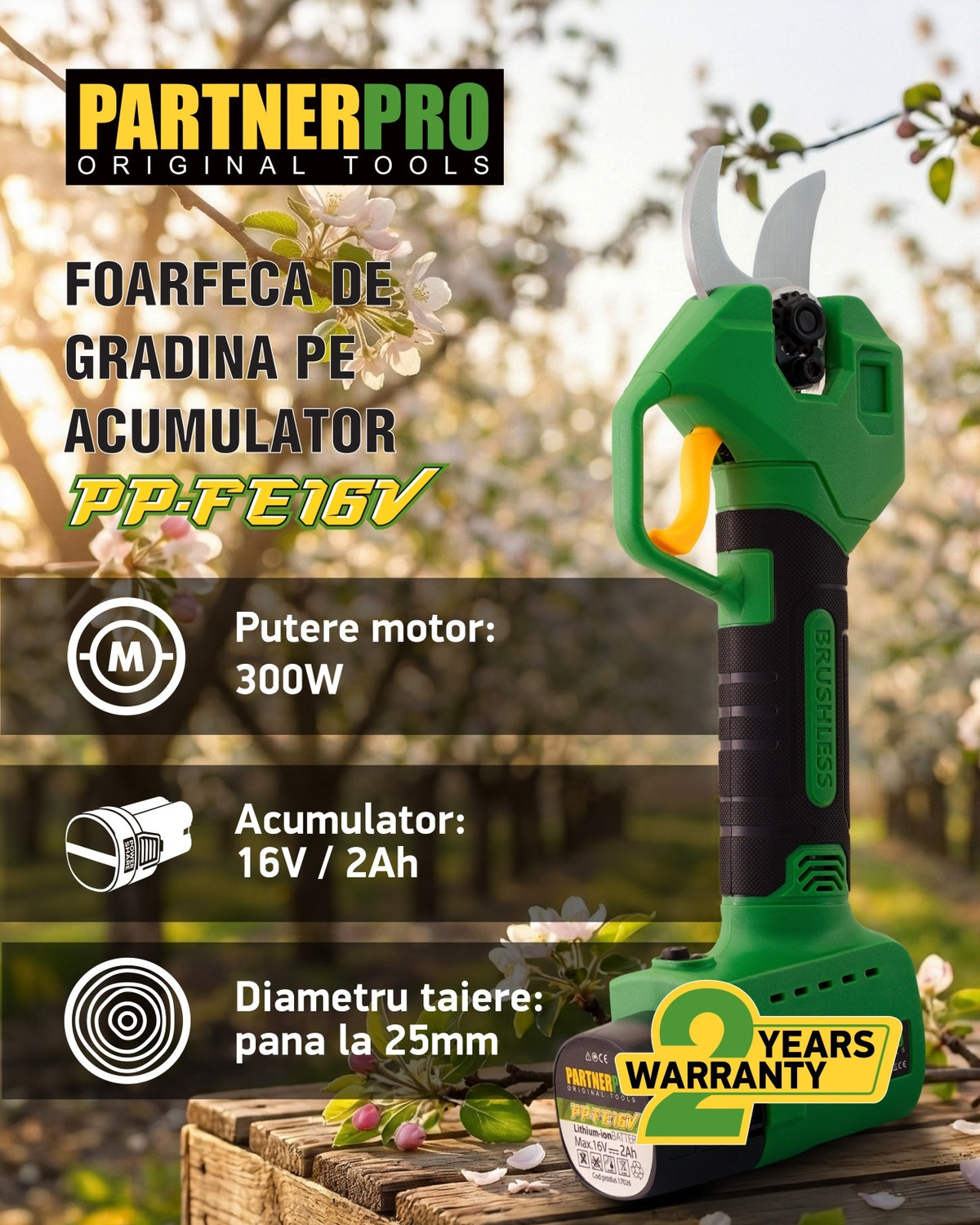 Foarfecă electrică cu acumulator PARTNERPRO PP-FE16V, 16V / 2Ah, 300 W, 200 N