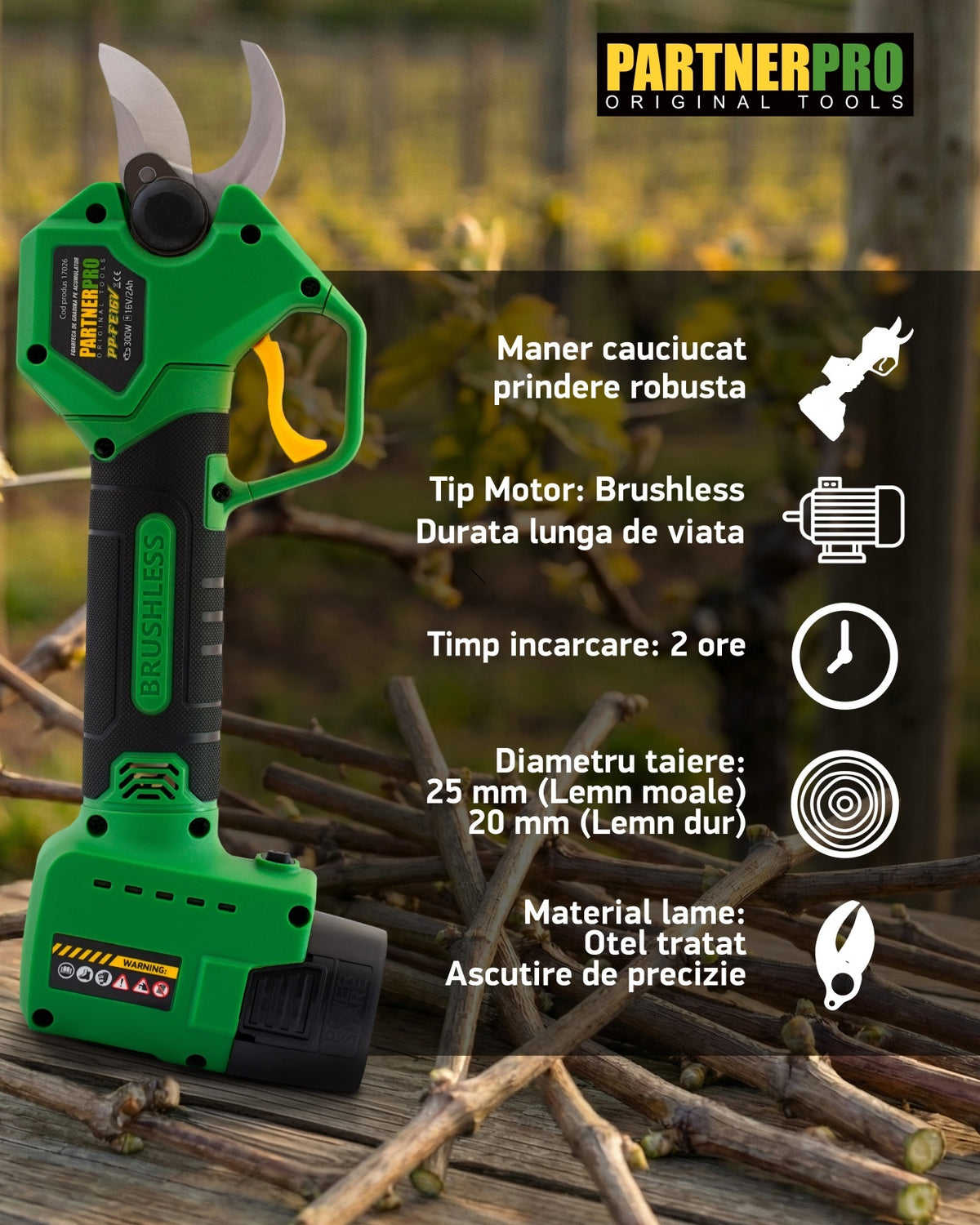 Foarfecă electrică cu acumulator PARTNERPRO PP-FE16V, 16V / 2Ah, 300 W, 200 N