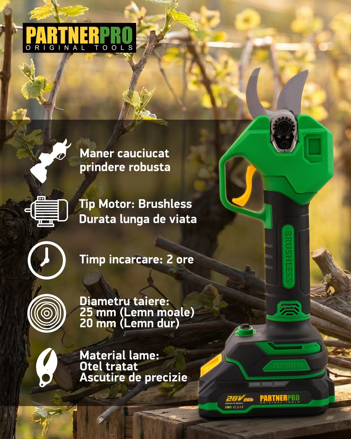 Foarfecă electrică cu acumulator PARTNERPRO PP-FE2A 20V / 2Ah, 250 N, Brushless