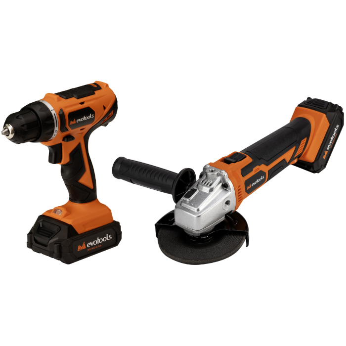 Set Mașină de Găurit și Polizor Unghiular EvoTools MAX 20V POWER - 2 Acumulatori și Încărcător