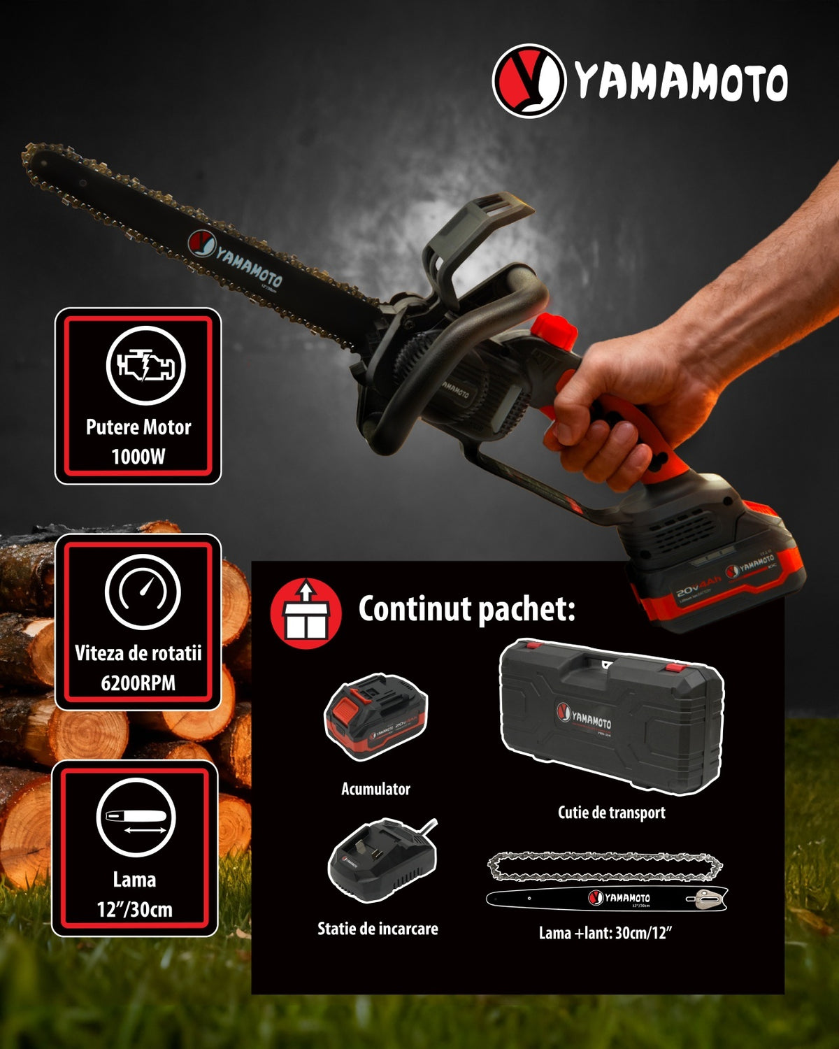 Mini drujba 12" pe acumulator cu 1 acumulator 20V/ 4Ah si incarcator YAMAMOTO YBS-124, 6200 rot/min, Brushless