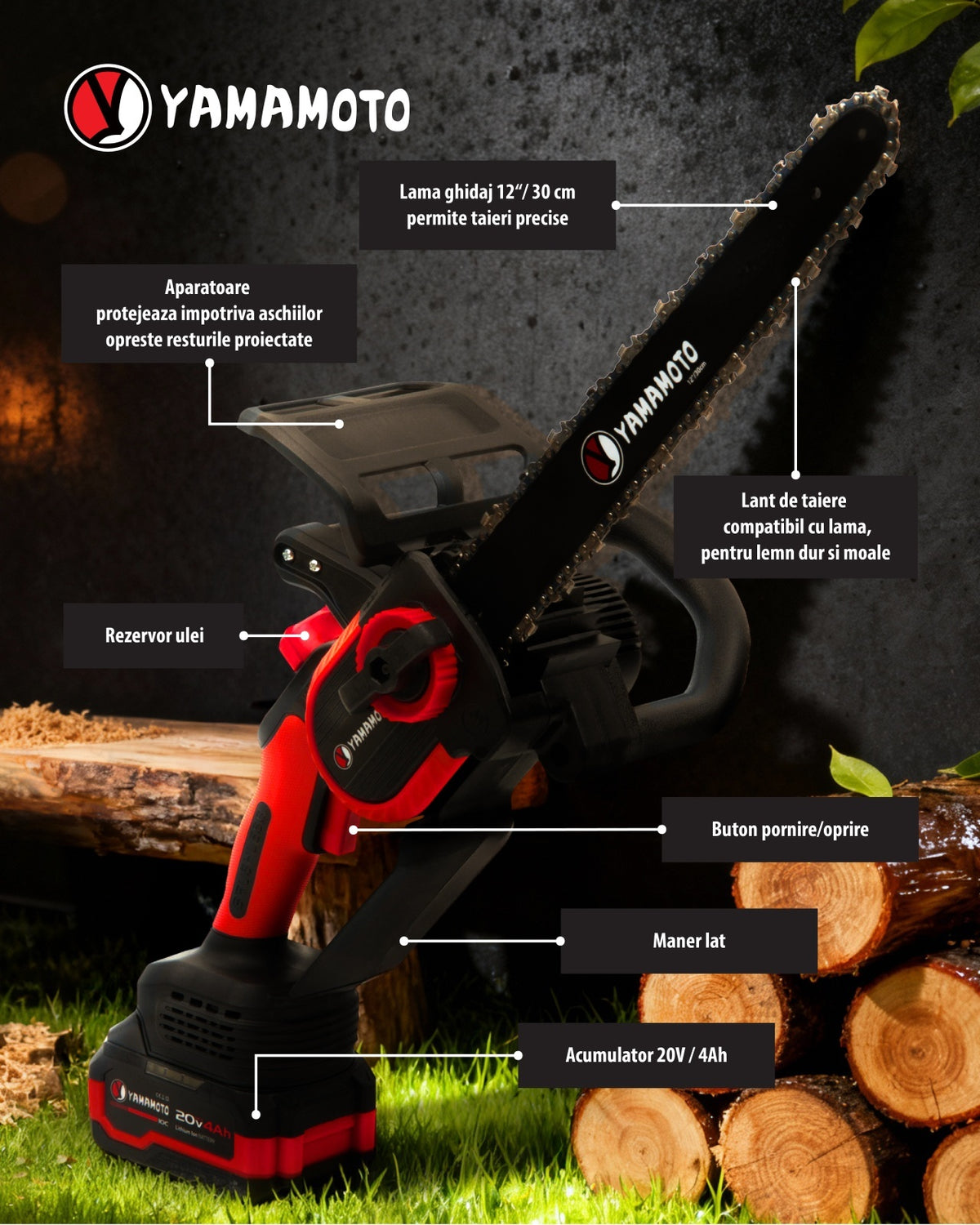 Mini drujba 12" pe acumulator cu 1 acumulator 20V/ 4Ah si incarcator YAMAMOTO YBS-124, 6200 rot/min, Brushless