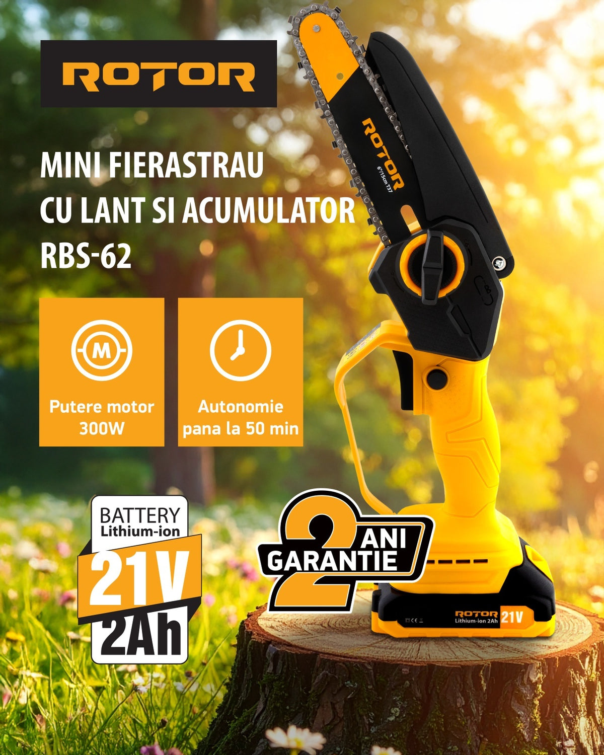 Mini drujbă 6" RBS-62 ROTOR, 1 acumulator 21V/2Ah, 1 x incarcator