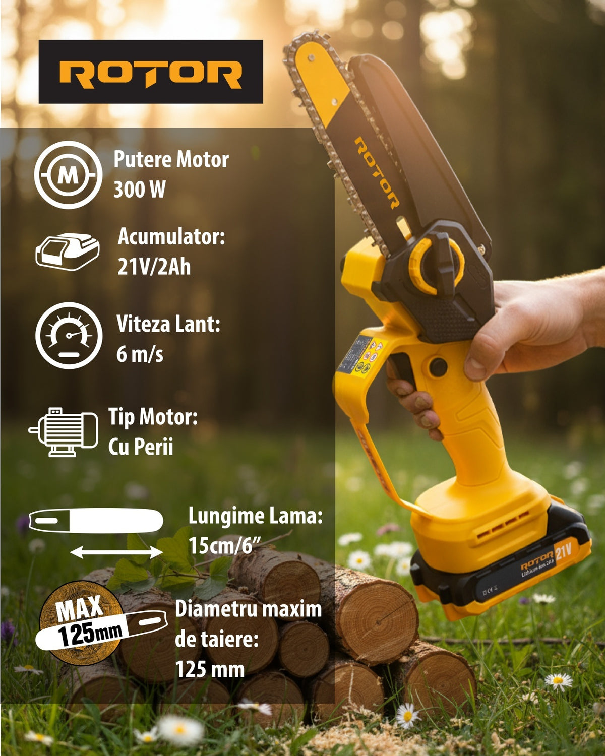 Mini drujbă 6" RBS-62 ROTOR, 1 acumulator 21V/2Ah, 1 x incarcator